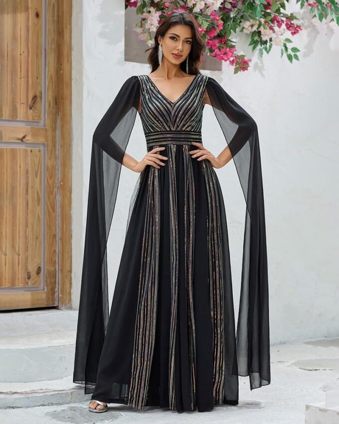 Women's Sparkly Tulle Prom Dresses with Cape A-Line Sexy V Neck Formal Evening Gowns – Bild 2
