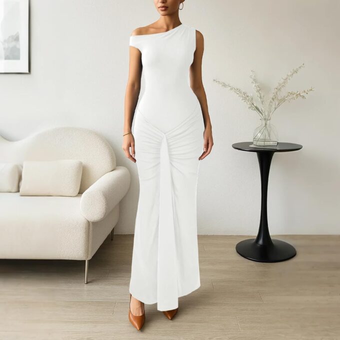Women Summer Bodycon Ruched Maxi Dress Sleeveless Boat Neck Casual Long Cocktail Dress – Bild 6