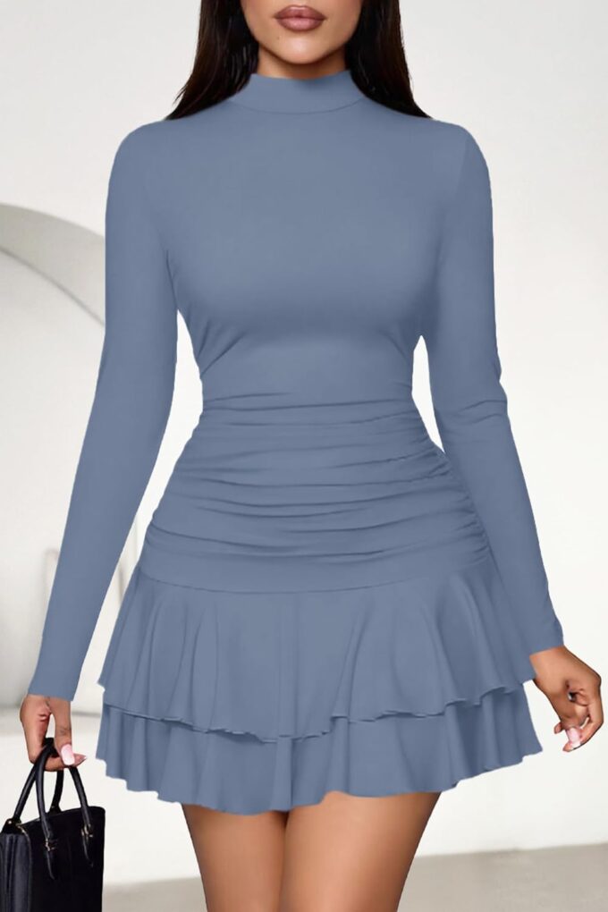 PRETTYGARDEN Women's Fall Long Sleeve Dresses 2025 Mock Neck Ruched Y2K Clothes Ruffle Layered Bodycon Mini Party Dress – Bild 6