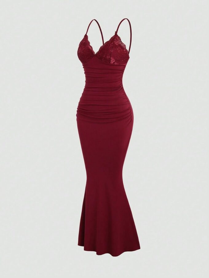 SKAYS Women's Cocktail Dress Maxi Lace Trim Bodycon Long Slip V Neck Ruched Spaghetti Strap Party Dress Backless Gown – Bild 3