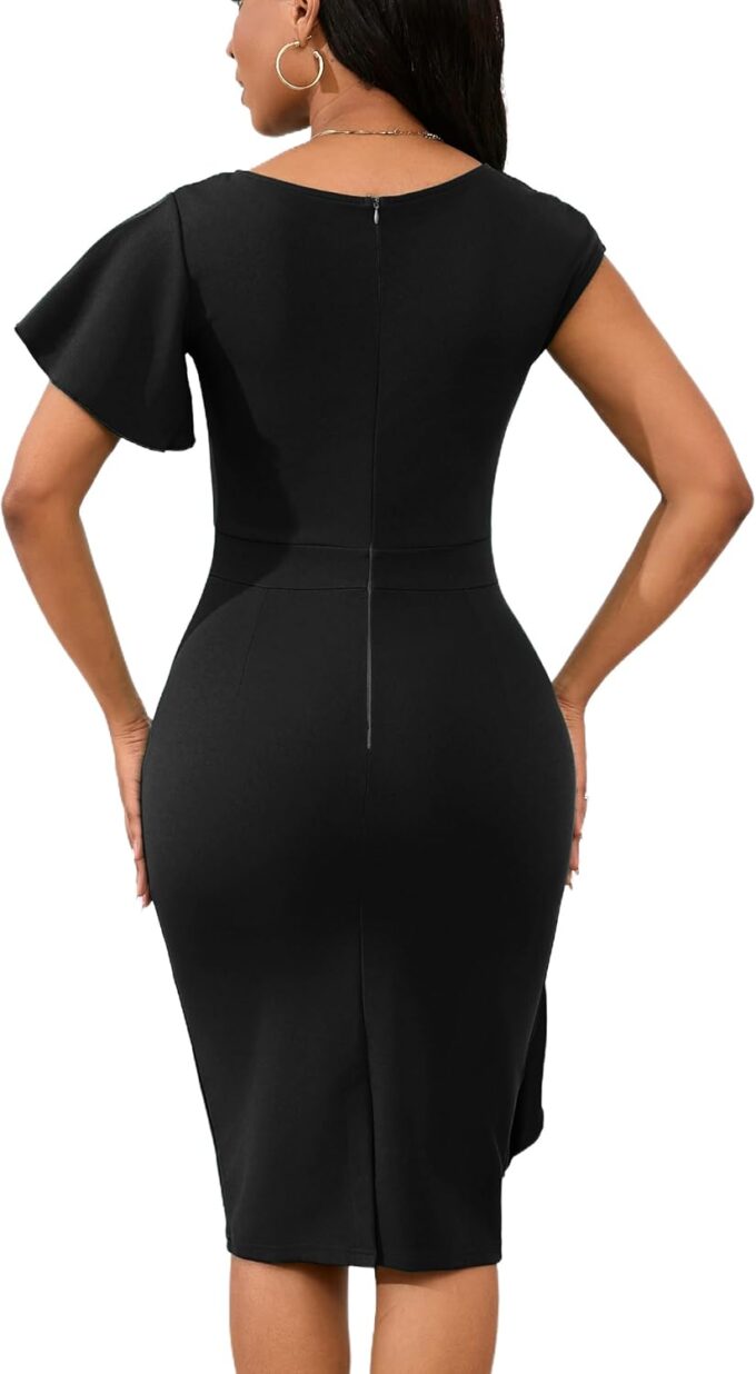 Yajedo Womens Retro Bodycon Pencil Midi Dress Crew Neck Ruffle Ruched Cocktail Sheath Midi Dress – Bild 5