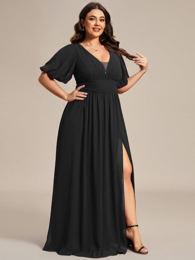 Ever-Pretty Plus Womens V-Neck Puffy Sleeves Empire Waist Ruched Bust A-Line Slit Maxi Plus Size Formal Dress – Bild 3