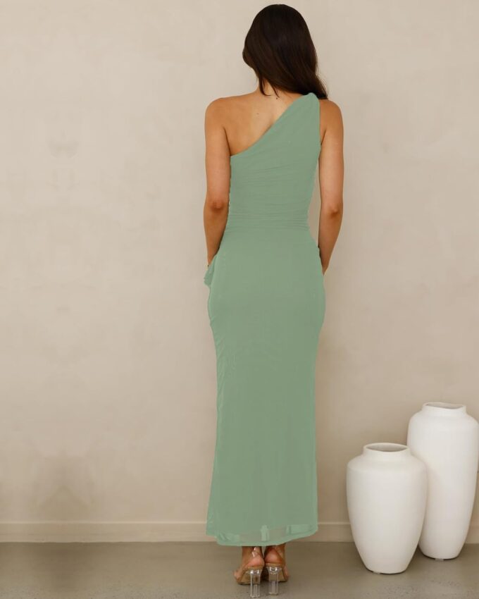 Women's Summer Dresses Bodycon Sexy One Shoulder Side Slit Ruffles Elegant Prom Cocktail Wedding Guest Mesh Maxi Dress – Bild 6