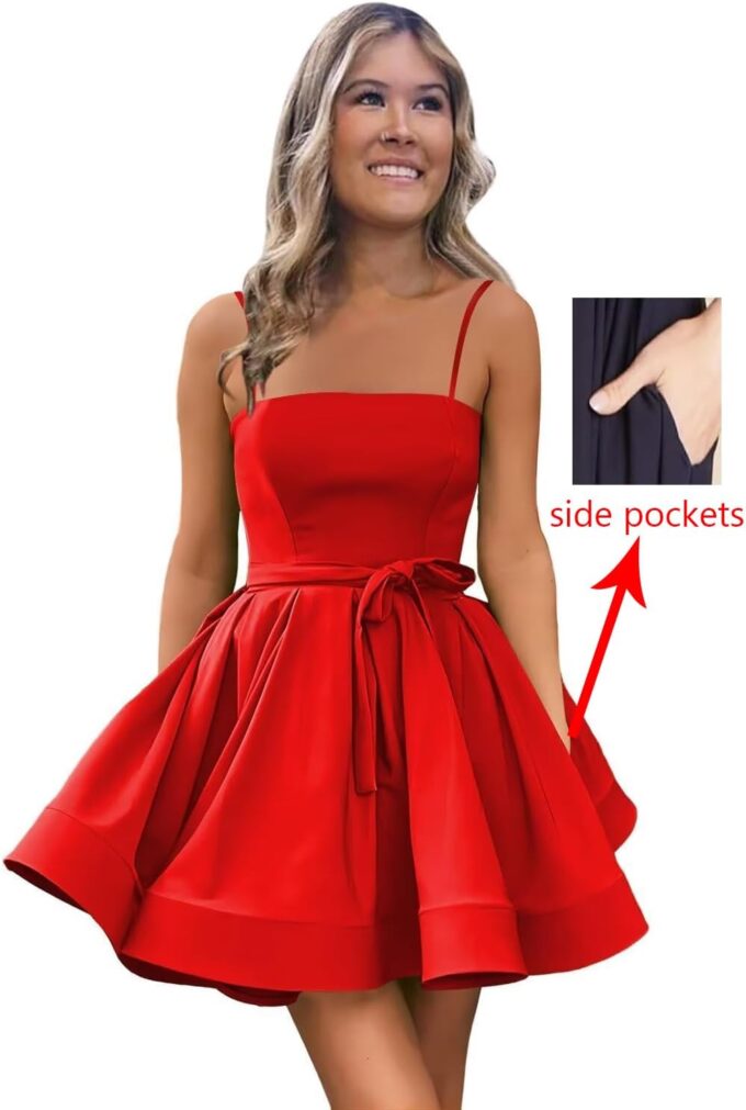 Spaghetti Straps Homecoming Dresses 2025 Short Satin Cocktail Dress A Line Mini Puffy Prom Gown with Pockets – Bild 4