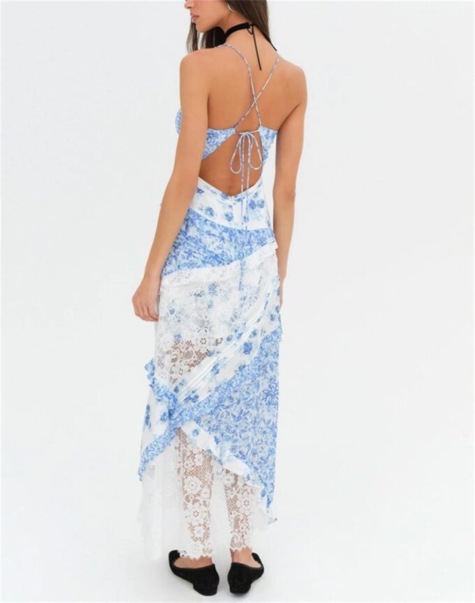 Women Tie Shoulder Boho Floral Maxi Dress Y2k Smocked Flowy Lace Sundress Spaghetti Strap Summer Long Beach Dress – Bild 4