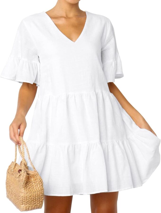 FANCYINN Women’s V Neck Cute Shift Dress with Pockets Bell Sleeve Ruffle Hem Loose Swing Summer Tunic Mini Dress – Bild 3