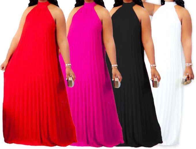 Aro Lora Womens Casual Sleeveless Plus Size Chiffon Halter Neck Pleated Loose Long Maxi Dress – Bild 3