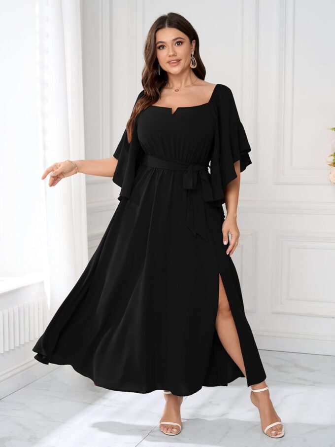 SCOMCHIC Women Plus Size Wedding Guest Maxi Dress Square Neck Ruffle 3/4 Sleeve Belted Slit A Line Formal Long Dresses – Bild 5