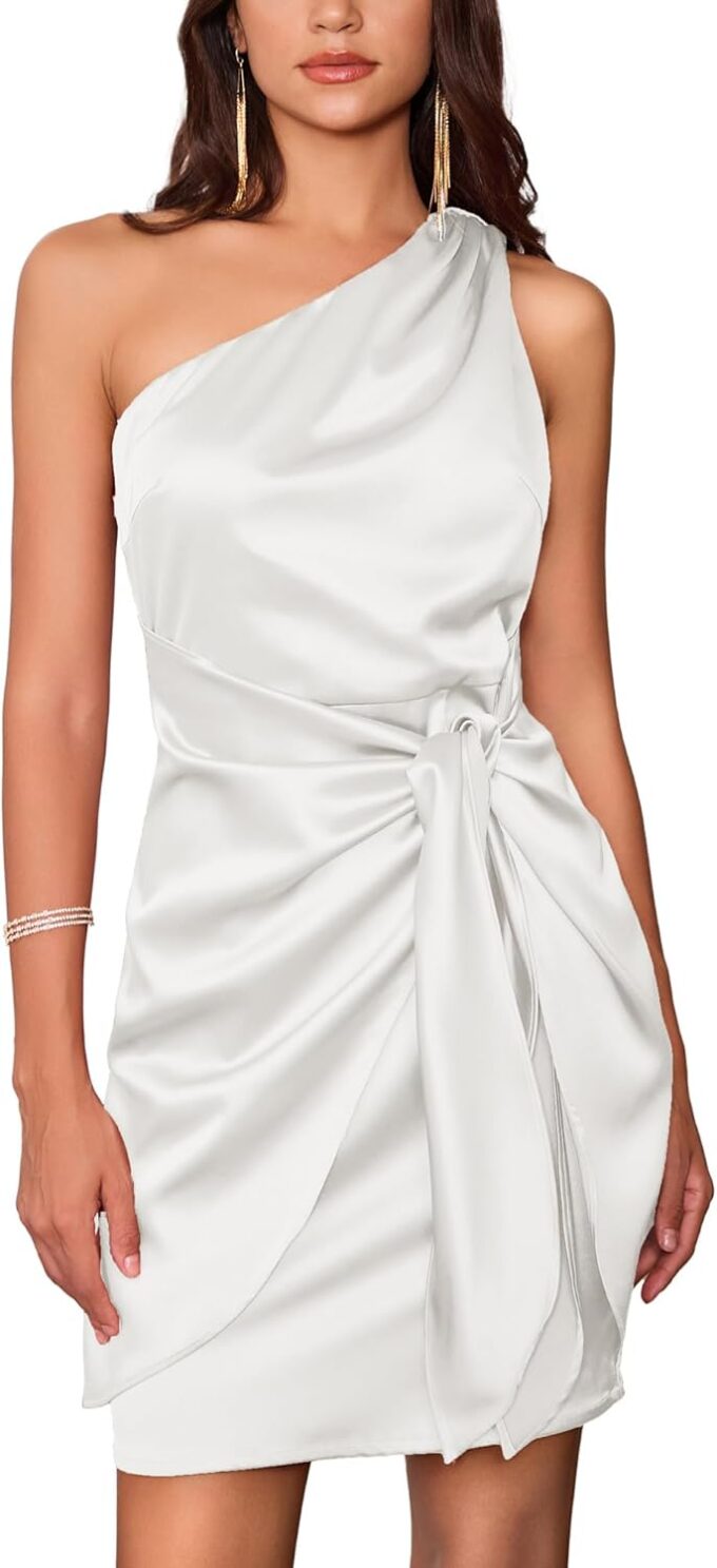 GRACE KARIN 2025 Women Satin Dress Cocktail One Shoulder Sleeveless Tie Waist Party Mini Dresses