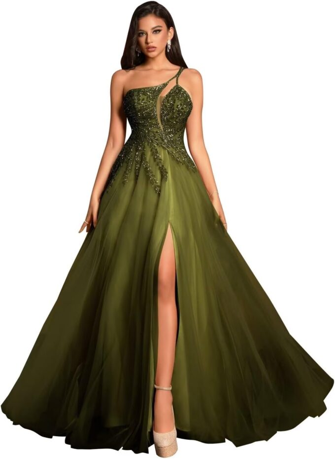 MYDRESS Beading Tulle Prom Dresses 2025 with Pockets Spaghetti Strap Formal Evening Dresses with Slit