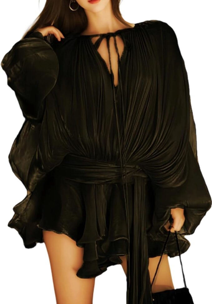 Unybwonn Elegant Ruffle Mini Dress Pleated Long Sleeve Lace up Short Dress Tie Waist Cocktail Mini Dresses with Shorts