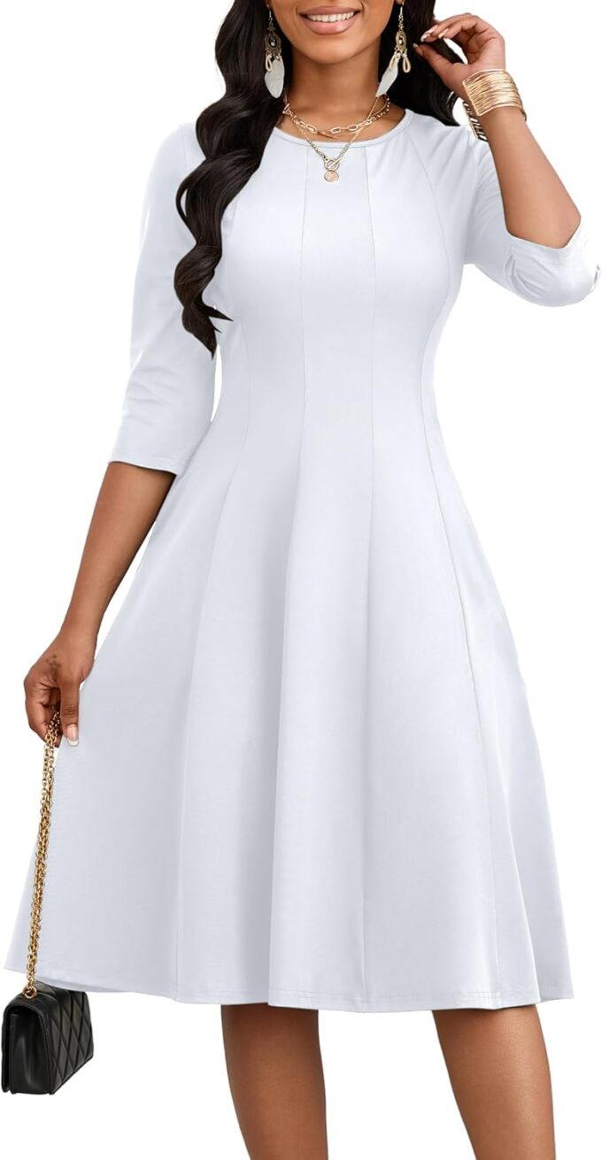 CLOCOR Casual Midi Dresses for Women A-Line Fit and Flare Elegant Church 3/4 Sleeve Crew Neck Dress with Pocket – Bild 2