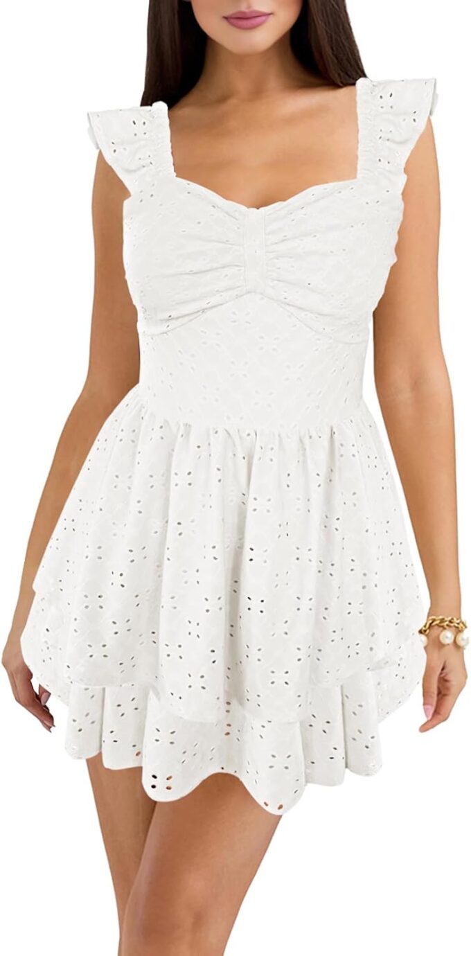 HESUUIO Women's Summer Mini Dress Elegant Backless Hollow Out Eyelets Layered Flowy Swing Short Party Dress Casual Sundress – Bild 6