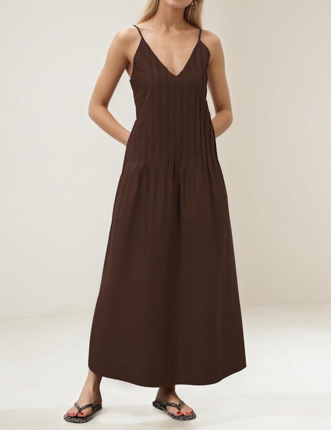 Maxi Dress for Women Spaghetti Strap V Neck Long Summer Sundresses Flowy Vacation Beach Pleated Dress – Bild 4