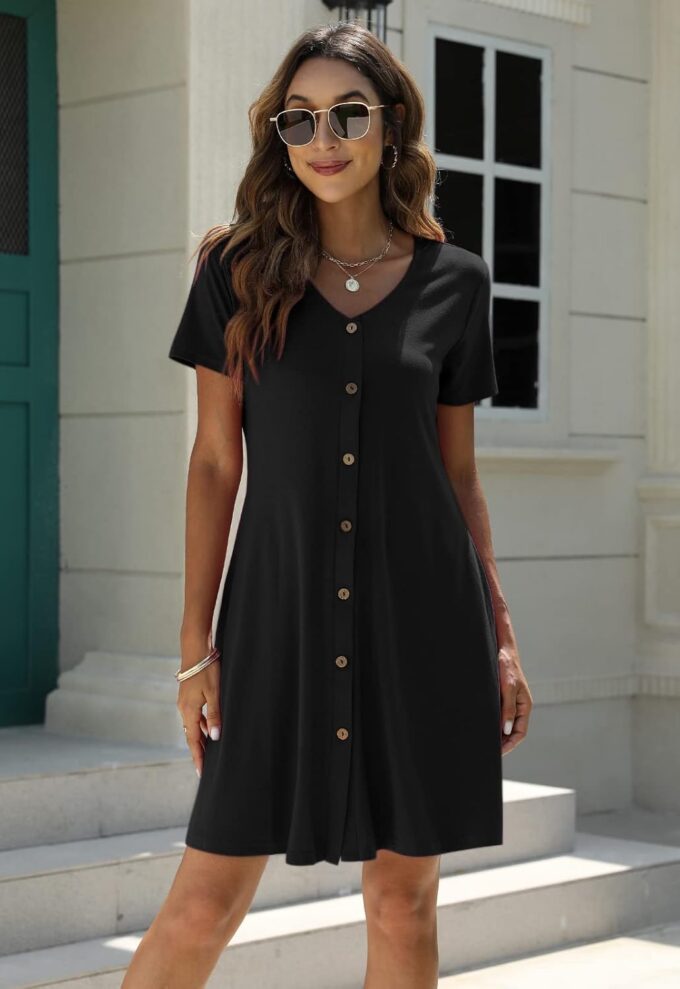 Manydress Women's Summer Casual T Shirt Dresses Short Sleeve Button Down Swing Dress with Pockets MY035 – Bild 4