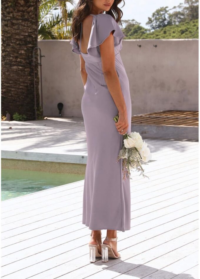 Summer Satin Flutter Sleeve Wedding Guest Dresses for Women Sweetheart Neckline Cutout Tie Back Midi Cocktail Dress – Bild 3