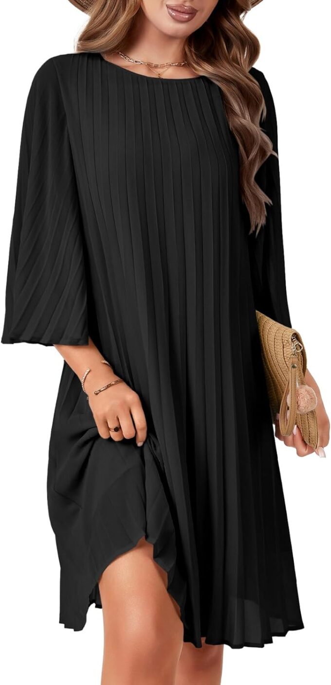 Rooscier Women's 3/4 Sleeve Pleated Crew Neck Keyhole Back Flowy Loose Fit Midi Dress – Bild 4