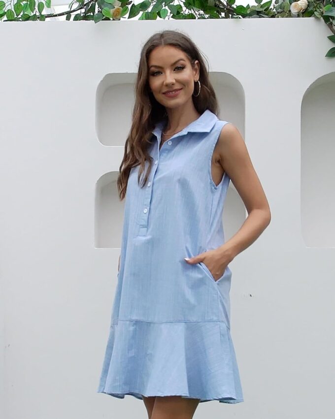 Women‘s Sleeveless Shirt Dress Ruffle Hem Cotton Tunic Tank Dress Button Up Swing Shift Mini Dresses – Bild 5
