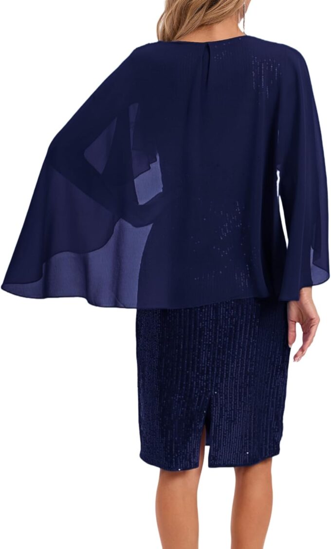 Womens Sequin Cocktail Party Dress Elegance Chiffon Midi Dresses Cape Sleeve Bodycon Dress with Ruffle Asymmetrical Over – Bild 7