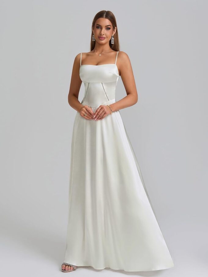 KUTUMAI Satin Maxi Dress Spaghetti Strap Lace Up Long Formal Dresses for Women Wedding Guest Cocktail Evening Prom – Bild 6