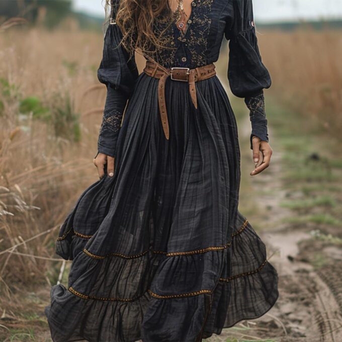 Women's Vintage Western Maxi Dress Fall Casual Loose Long Sleeve V Neck Country Flowy Dress Flower Long Dress – Bild 3