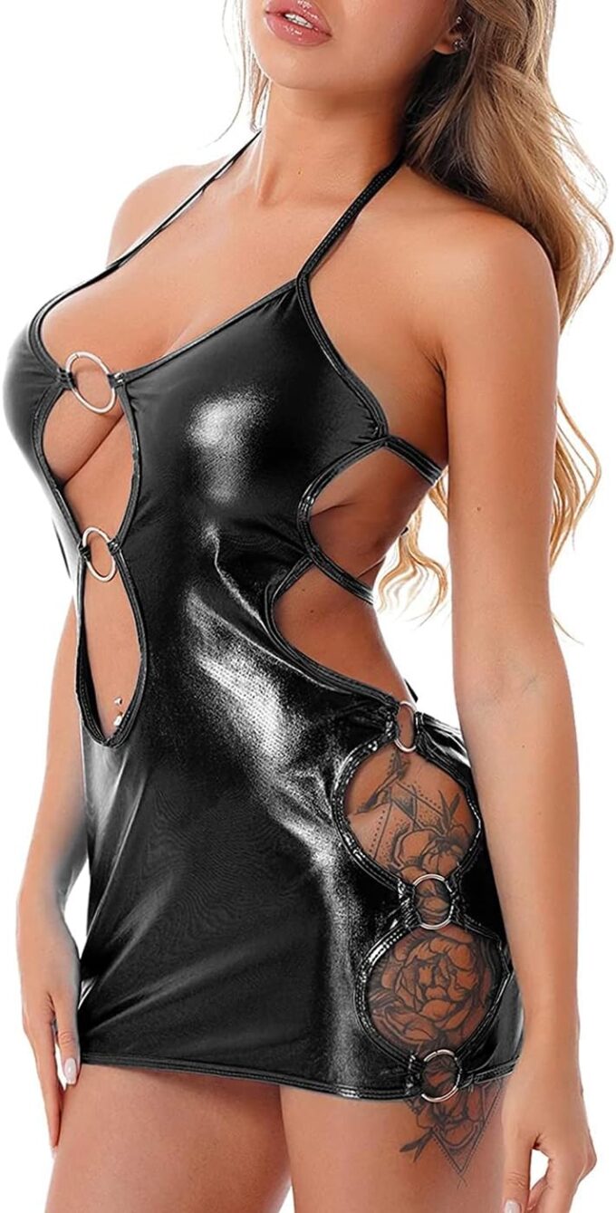 Women Leather Lingerie Sexy Cut Out Babydoll Nightdress Deep V Neck Backless PU Leather Bodycon Mini Nightclub Dress