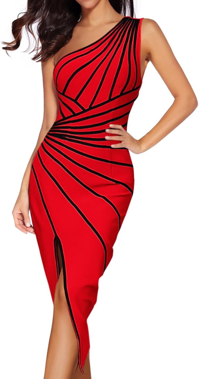 One Shoulder Stripes Bandage Dresses for Women Side Slit Club Night Dress