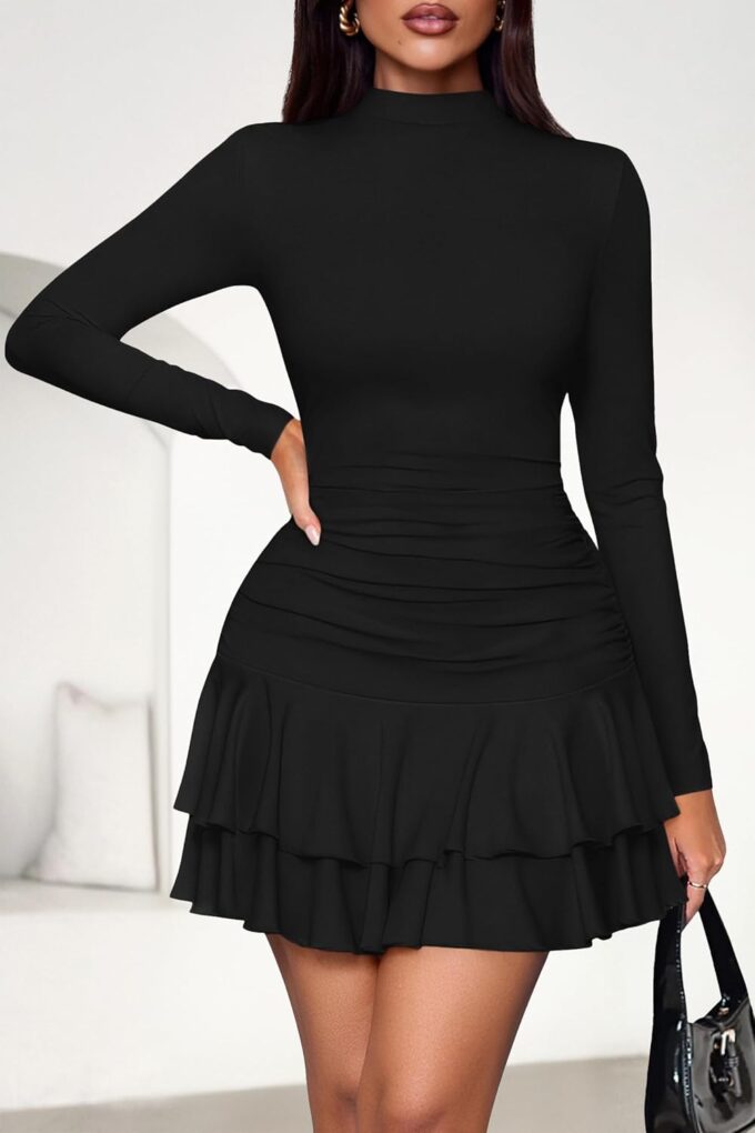 PRETTYGARDEN Women's Fall Long Sleeve Dresses 2025 Mock Neck Ruched Y2K Clothes Ruffle Layered Bodycon Mini Party Dress – Bild 2
