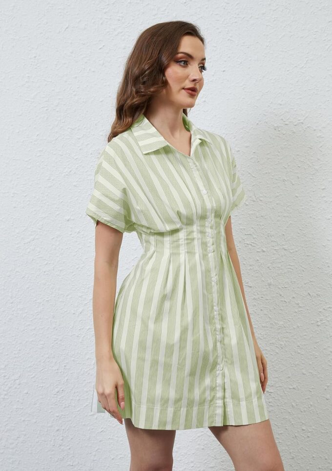 Women Button Down Pleated Shirt Dress Striped Short Sleeve Summer Casual Business Flowy Mini Short Dress – Bild 4
