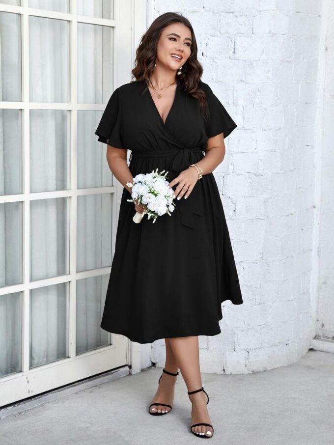 SCOMCHIC Womens Plus Size Wedding Guest Cocktail Midi Dress Summer Short Sleeve Wrap V Neck Belted A-Line Flowy Dress – Bild 5