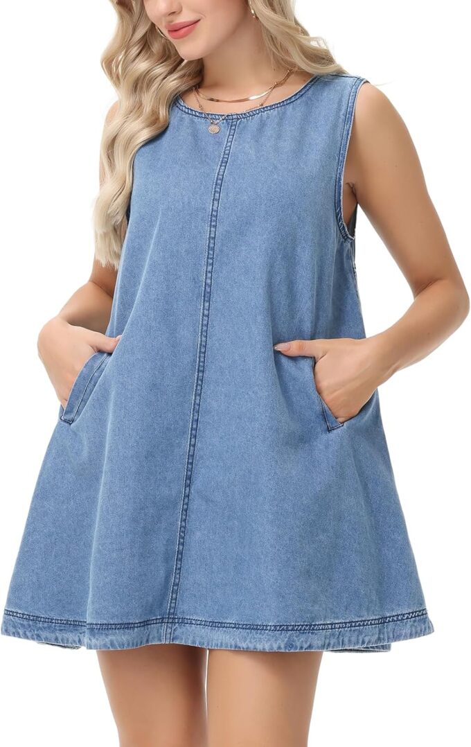 Women's Sleeveless Casual Denim Dress Crewneck Vintage Babydoll Jean Mini Dresses with Pockets – Bild 2