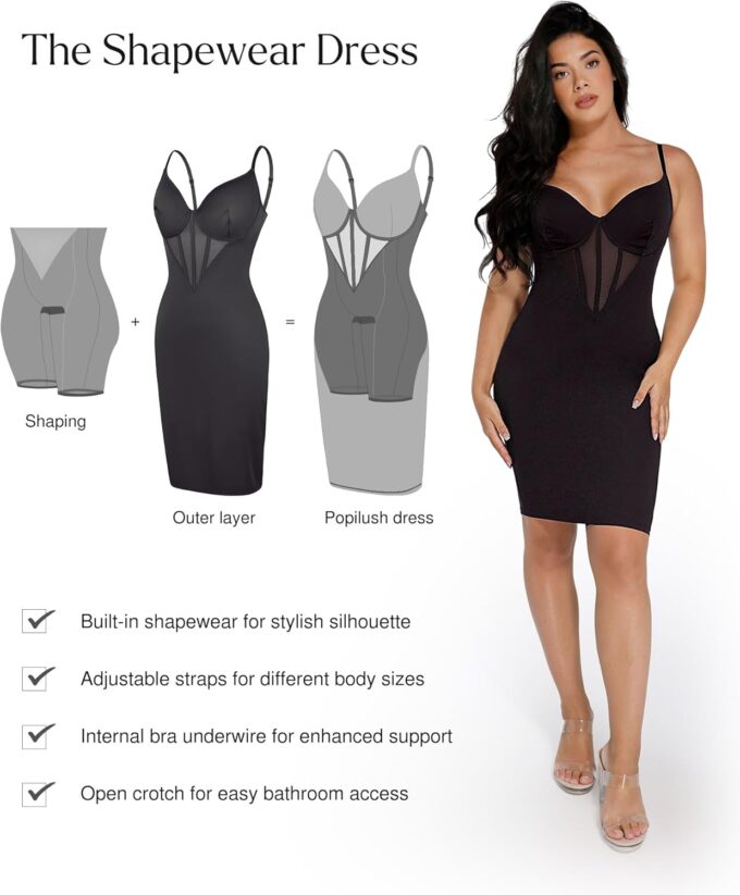 Popilush Shapewear Dress Corset Dress Mesh Bodycon Dresses for Women Slip Dress Party Midi Dresses Club Outfits – Bild 2