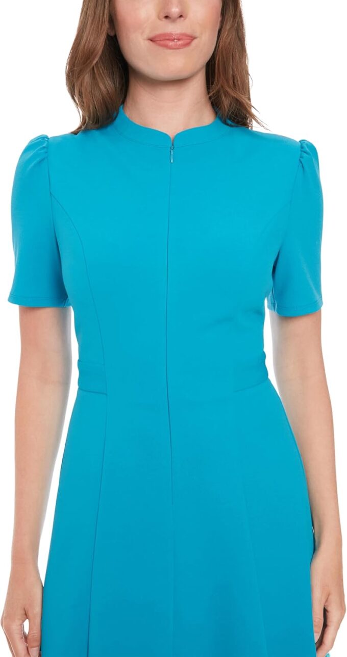 London Times Damen Women's Mock Neck Short Puff Sleeve Fit and Flare-Professional Work Wedding Guest Cocktail Dress Freizeitkleid, lässiges Abendkleid, Business-Kleid, Barrier Reef, 8 – Bild 4