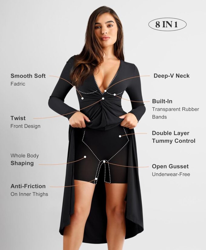 Popilush Long Sleeve Formal Dresses for Women 8 In 1 Bodycon Dress with Built In Shapewear Wedding Guest Dress 2024 – Bild 3