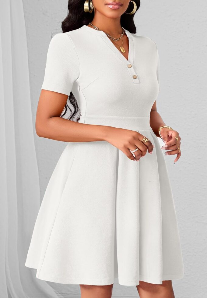 MarryUP Damen-Kleid, kurzärmelig, V-Ausschnitt, lässig, semi-formell, A-Linie, Arbeitskleid, Hochzeitsgäste, Cocktailkleider mit Taschen – Bild 3