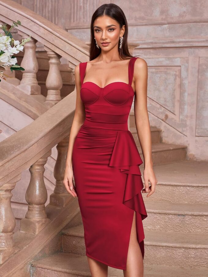 Women's Summer Bodycon Cocktail Vintage Formal Midi Dress with Built-in Bra, Sleeveless, Ruffle Split Hem – Bild 7