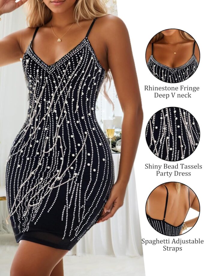 Sparkly Sequin Black Tassel Dress for Teens V Neck Short Prom Dress Glitter Bodycon Mini Dress Night Club Party Dress – Bild 4