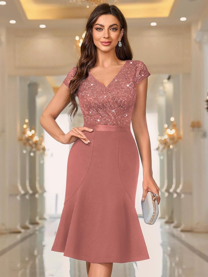 Miusol Women's Elegant V Neck Sequin Glitter Lace Ruffle Style Cocktail Prom Dress – Bild 3