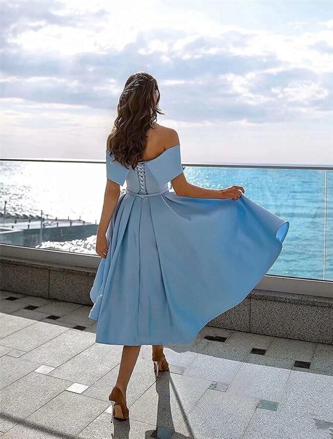 Knee-Length Satin Off Shoulder Homecoming Dress Short Prom Cocktail Party Dress for Junior – Bild 2