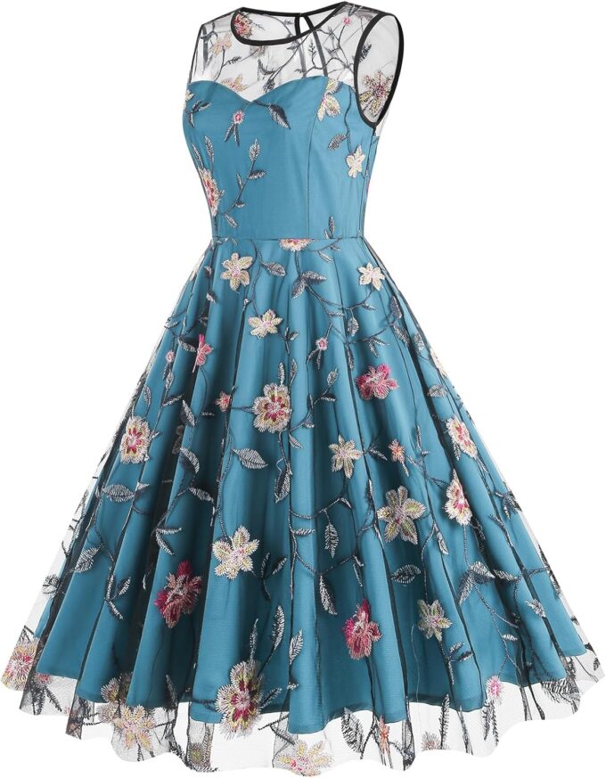 Floral Embroidered Dress for Women Sleeveless Keyhole Floral Mesh Dress Vintage Cocktail Tea Party Embroidered Tulle Dress – Bild 3