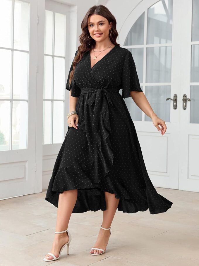 SCOMCHIC Women's Plus Size Summer Dresses Short Sleeve Wrap V Neck Swiss Dot Boho High Low Split Ruffle Maxi Dress – Bild 2