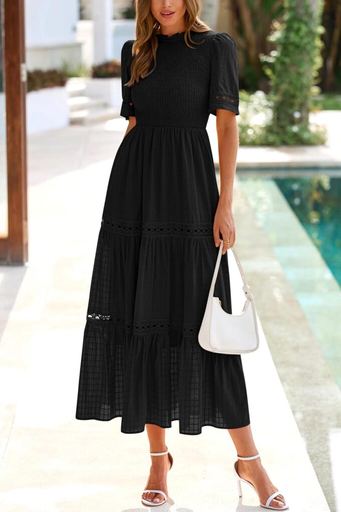 dowerme Summer Dresses for Women 2025 Casual Boho Hollow Out Short Sleeve Ruffle Mock Neck Smocked Maxi Gingham Sundress – Bild 2
