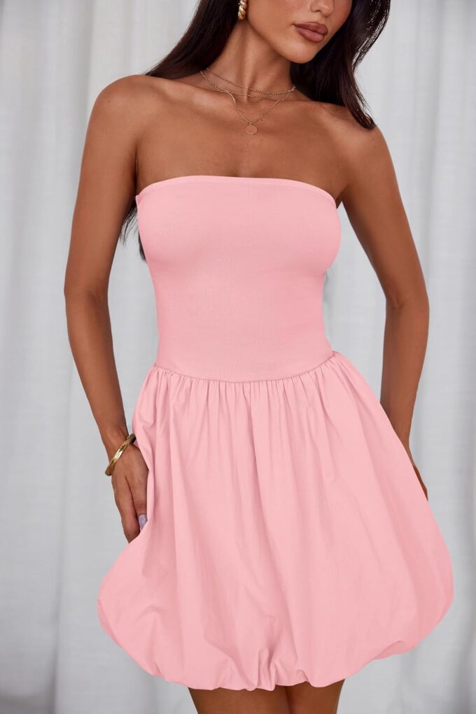 MASCOMODA Womens Strapless Bubble Mini Dress Summer Tube Top Sundress Casual Off Shoulder A Line Party Short Dresses Vacation – Bild 5