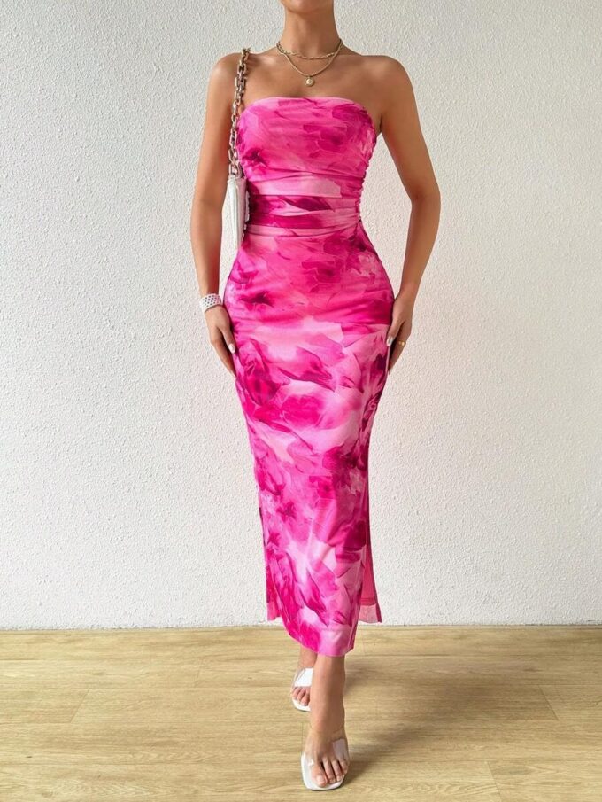 Women's Summer Dress Printed Strapless Tube Bodycon Maxi Side Slit Mesh Layered – Bild 4