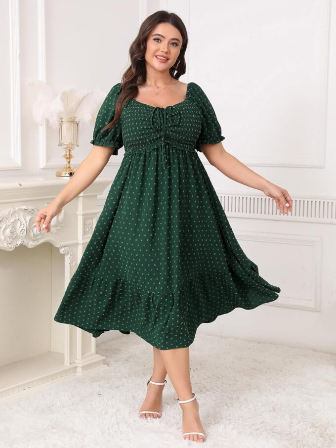 SCOMCHIC Women Plus Size Summer Dress Puff Short Sleeve Smocked Drawstring Ruffle Boho Swiss Dot Casual Midi Dresses – Bild 4