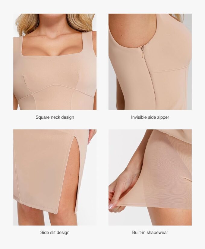 Popilush Leather Dress with Built in Shapewear Square Neck Slit Midi Dresses Faux Leather Concert Club Outfits – Bild 4