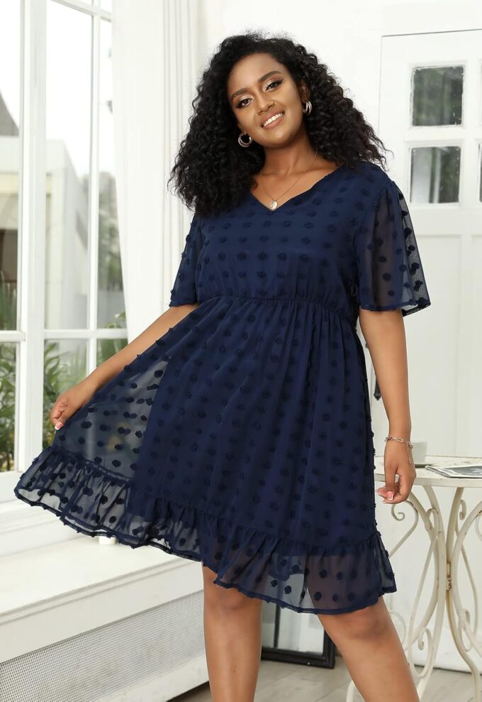 Keluummi Plus Size Wedding Guest Midi Dresses for Curvy Women, Summer Swiss Dot Dress – Bild 5