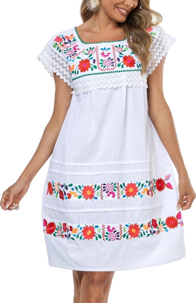 YZXDORWJ Women Embroidered Mexican Peasent Lace Short Sleeves Dress – Bild 2