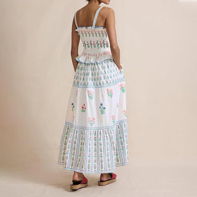 Women Summer Smocked Flowy Dress Spaghetti Strap Square Neck Floral Dress Ruffle Patchwork Boho A Line Midi Sun Dress – Bild 5