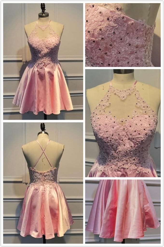 Satin Lace-Applique Homecoming Dresses Short with Pockets Halter Cocktail Dresses for Teens WD029 – Bild 2